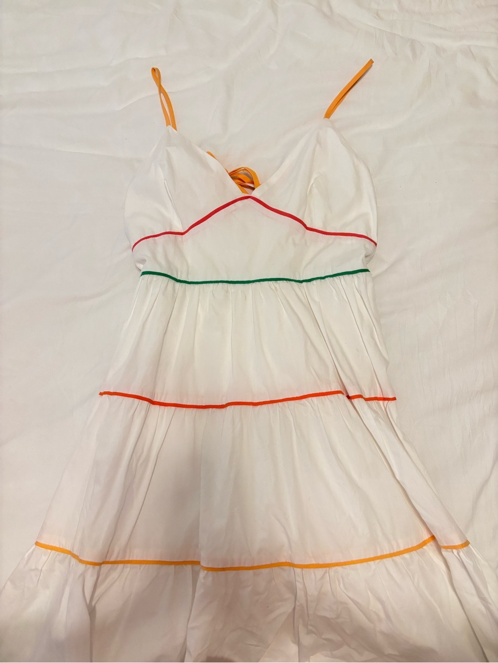 White Tiered Mini Dress with Multicolor Trim